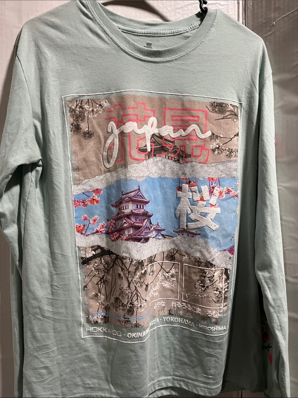 Men's Light Mint Green Japan Graphic Long-Sleeve Shirt